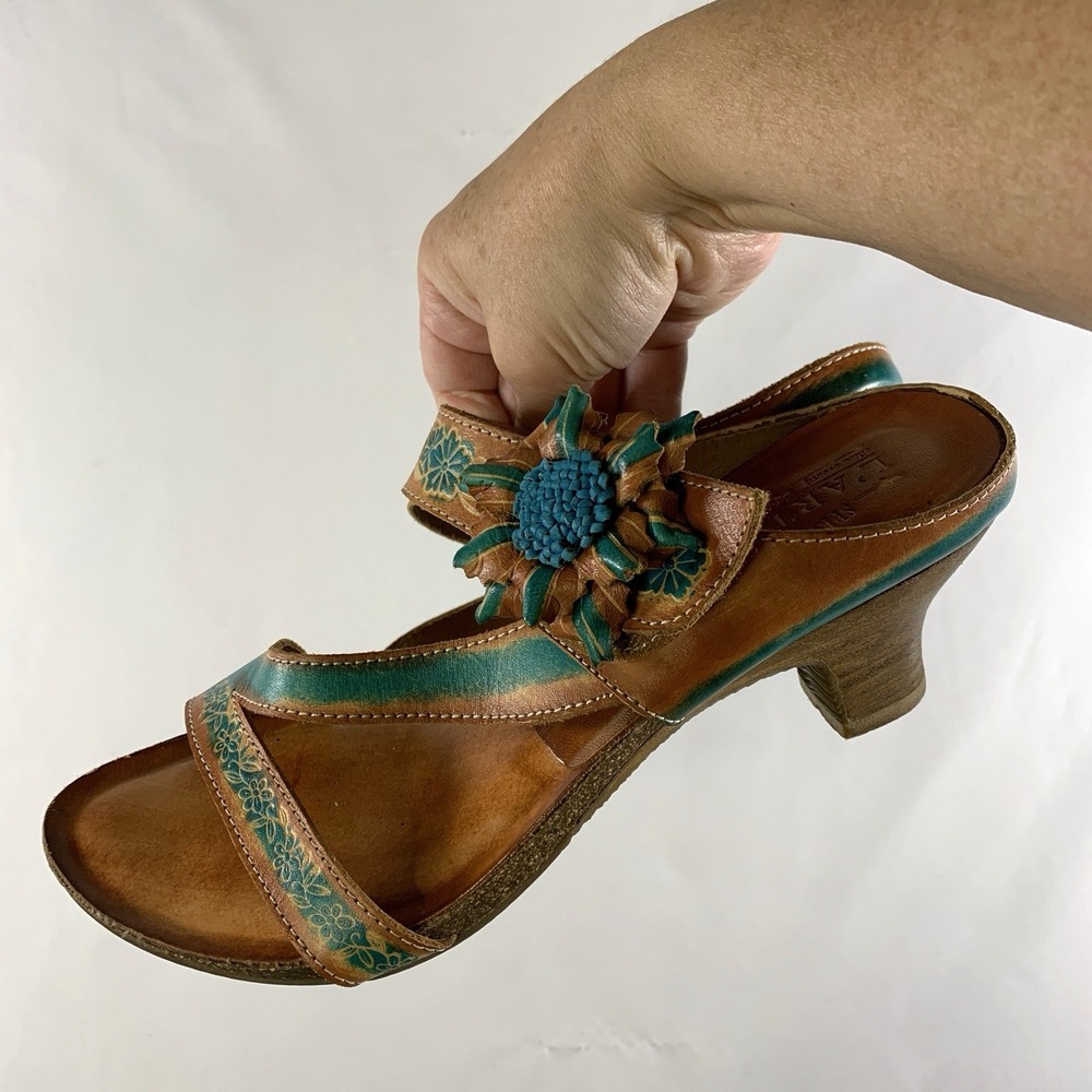 L'Artiste Womens Boho Artisan Leather Heeled Mule Sandals EU 40 US 9-9.5 Floral